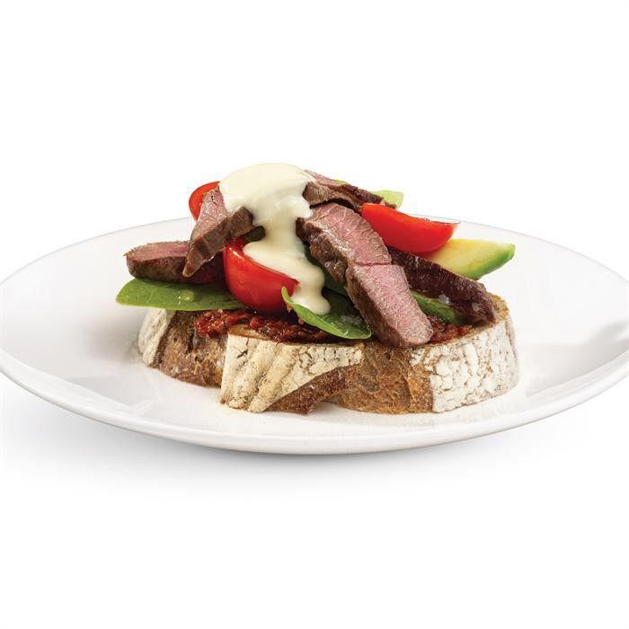 Lamb, tomato and avocado open sandwich