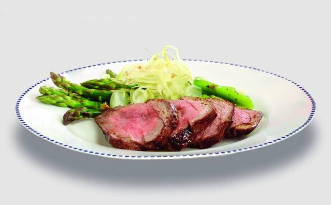 Spice rubbed lamb topside roast with asparagus salad
