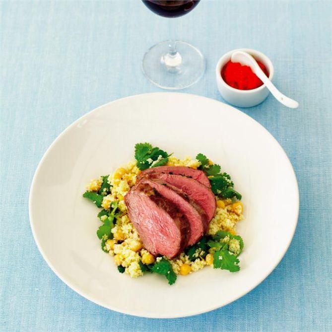 Roast lamb rump with harissa and a couscous salad
