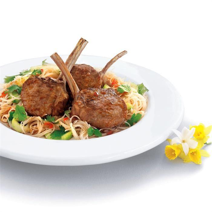Chilli lime lamb cutlets with coriander noodle salad