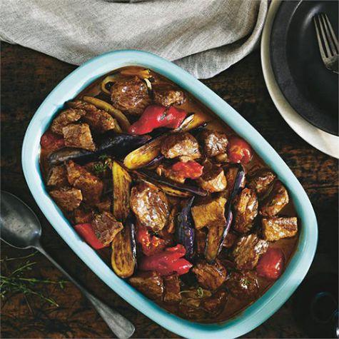 One-pot beef casserole with roasted eggplant and capsicum