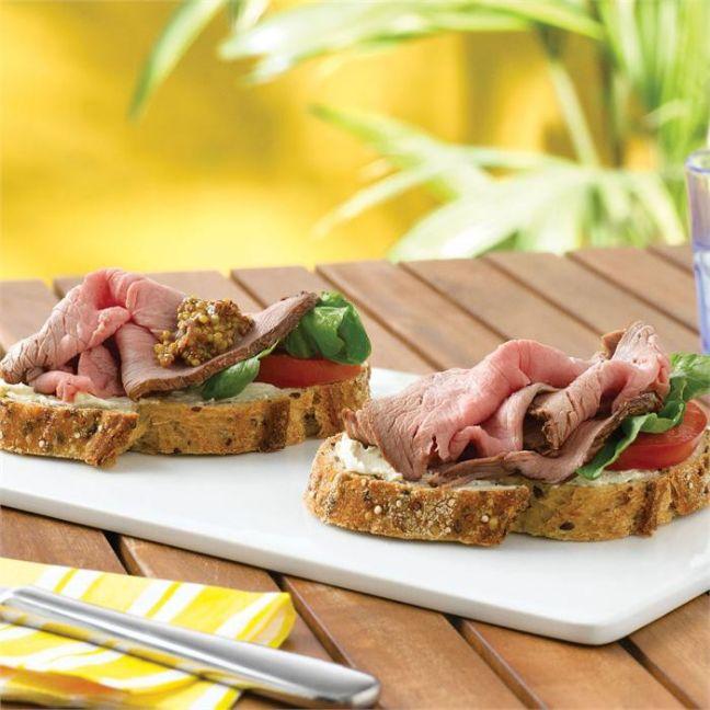 Roast beef and tomato with mustard open sandwiches