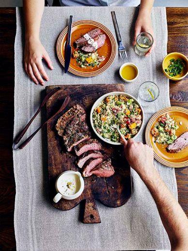 Grilled Australian lamb with tahini sauce & pumpkin tabouli