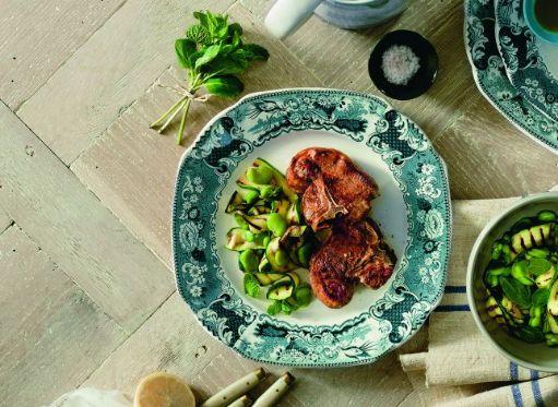 Seared loin chops with salad of grilled zucchini strips and broad beans