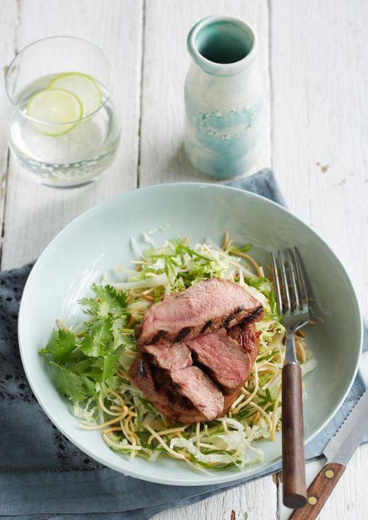 Chinese chilli bean lamb steaks with wombok salad  