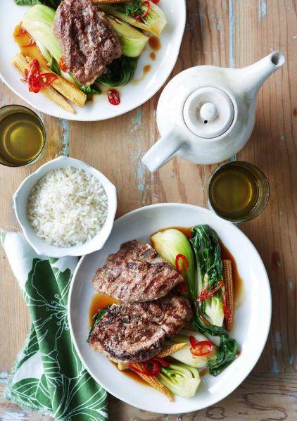 Lamb chump chops with asian greens in oyster sauce