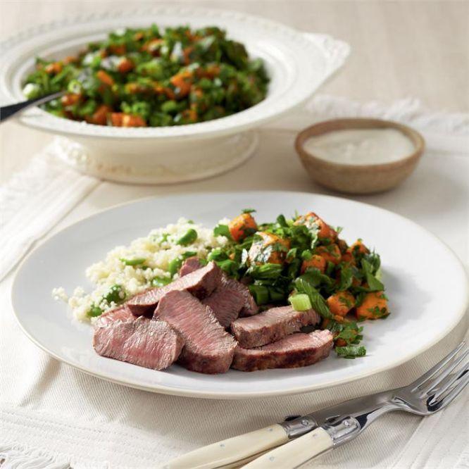 Grilled lamb with tahini sauce & pumpkin tabouli