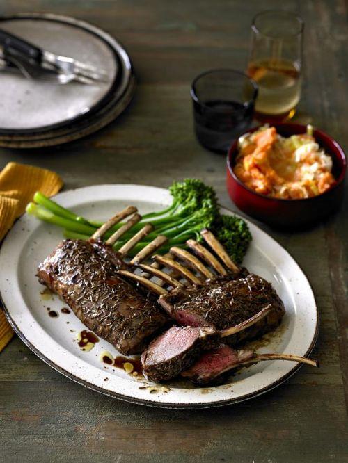 Lamb racks with caraway, maple glaze and sweet potato colcannon