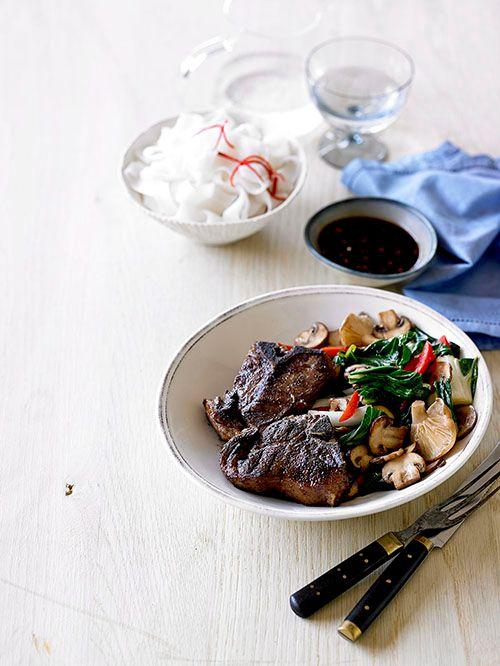 Char grilled five spice lamb chops with stir-fry vegetables and chilli dipping sauce