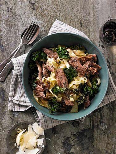 Slow cooked Australian lamb shoulder with egg noodles and greens