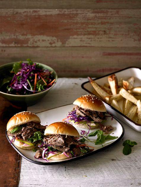 Slow cooked lamb burgers with pear and sage marinade, slaw and roasted parsnips