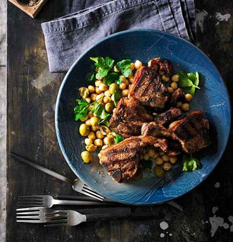 Smoked paprika Australian lamb loin chops with chickpea and green olive salad