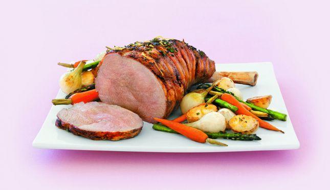 Lemon and thyme easy carve leg of lamb with root vegetables