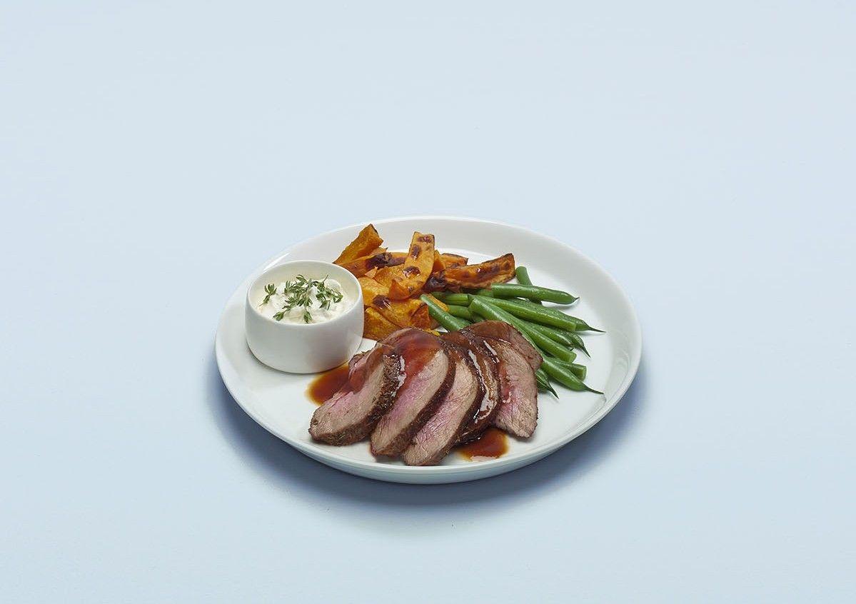 Lamb mini roasts with pumpkin and sweet potato wedges & lemongrass cream