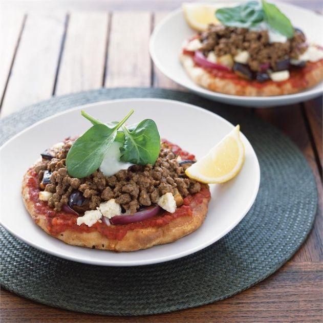 Pizza with cumin beef, eggplant and feta