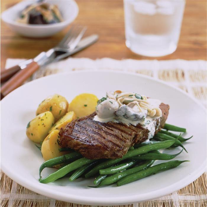 Sirloin steaks with asparagus, mushroom salad and mojo sauce