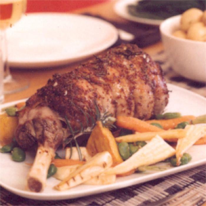 Roast leg of lamb with mustard and rosemary