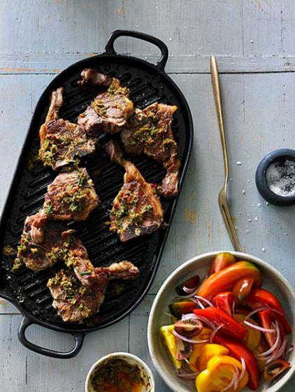 Chargrilled Australian lamb loin chops with pounded anchovy and rosemary dressing