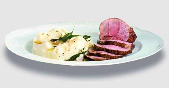 Garlic roasted lamb round with mustard mash