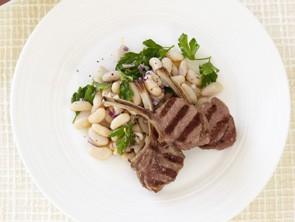 Char-grilled lamb cutlets with bean salad
