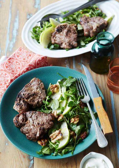 Spiced lamb loin chops with pear & walnut salad