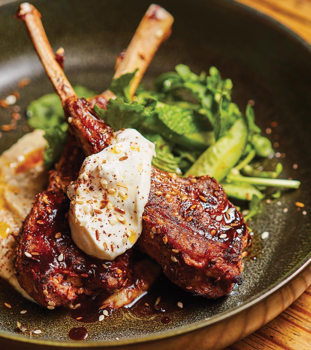 Za’atar lamb chops, eggplant, cucumbers, preserved lemon, labneh