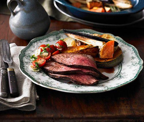 Picanha with roasted root vegetables and tomato-garlic salad