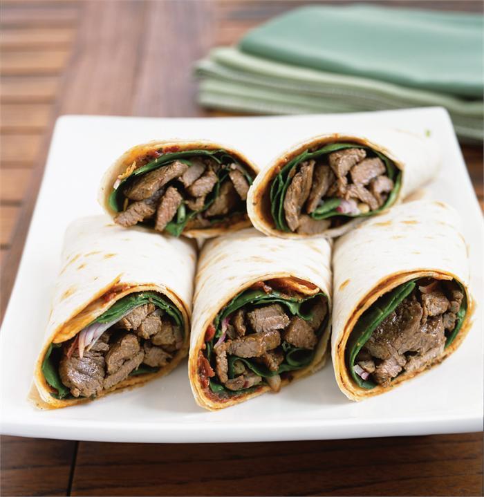 Beef, sundried tomato pesto and spinach wraps