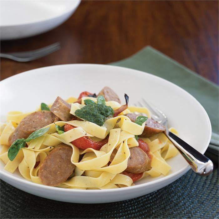 Tagliatelle with sausage, roasted tomato and pesto sauce