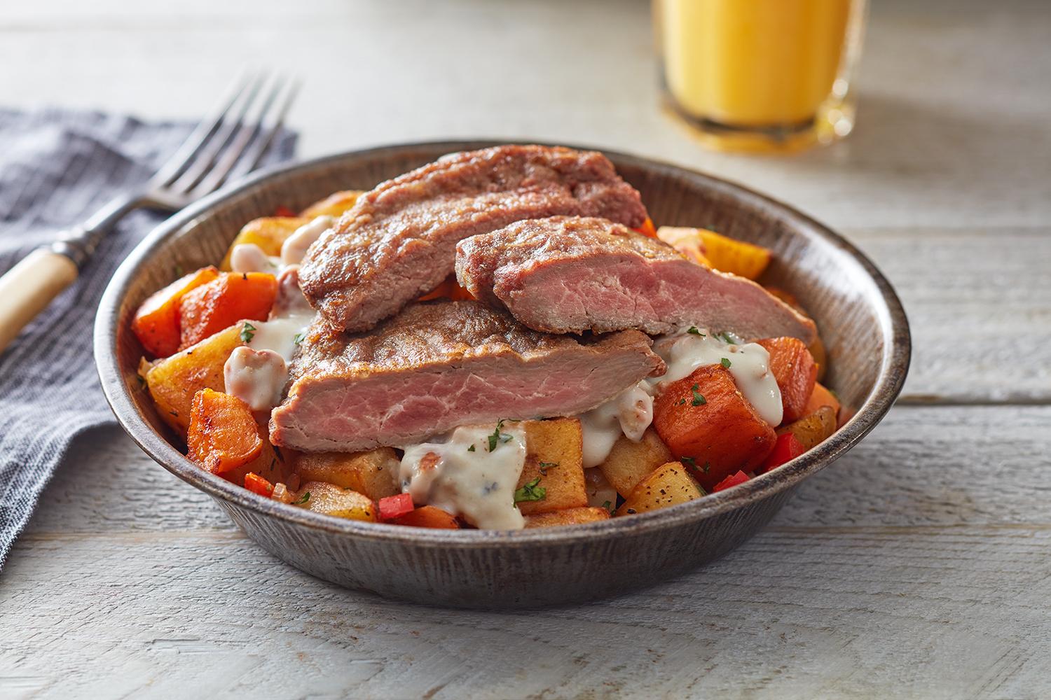 Country fried Australian steak breakfast bowl