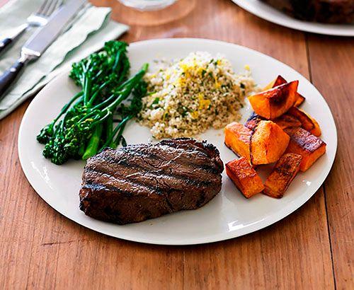 Charred beef sirloin, pumpkin, broccolini, herb couscous