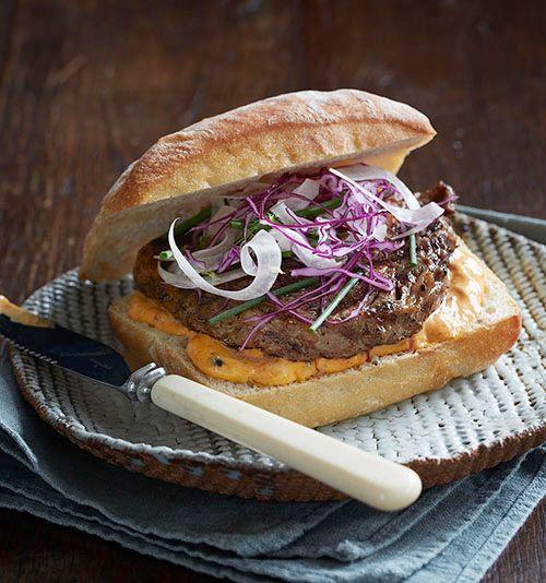Cajun steak roll with red pepper mayonnaise and fennel slaw
