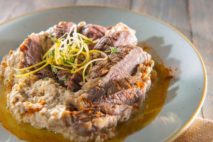 Australian beef ribeye with almond tahini