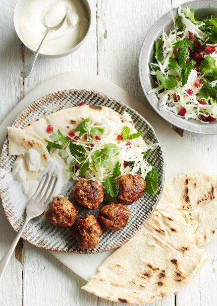 Harissa lamb meatballs with cabbage and pomegranate salad