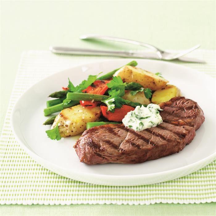 Char-grilled rump steak, potato salad and garlic mayonnaise