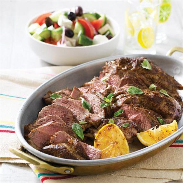Barbecued lamb shoulder with a greek salad