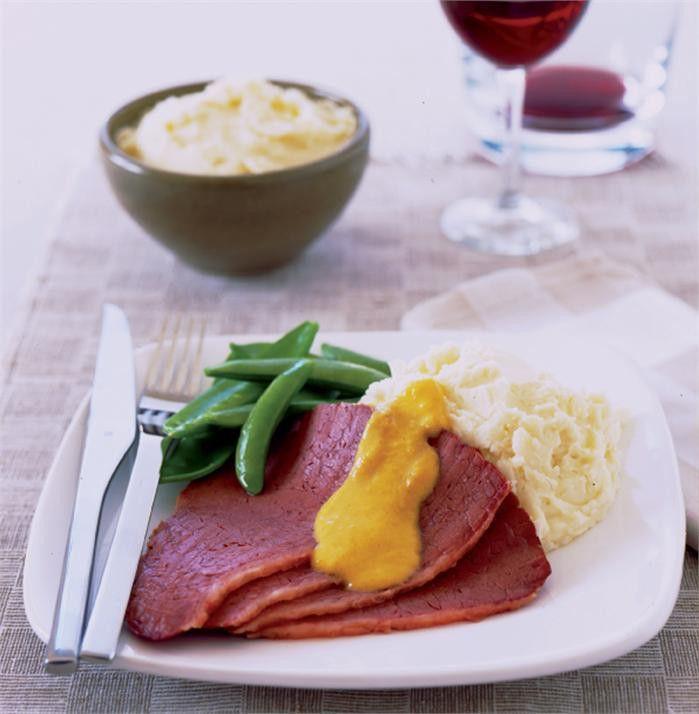 Corned silverside with mustard pumpkin sauce