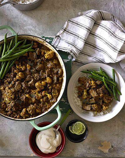 Baked beef, eggplant and lentil curry with steamed basmati rice