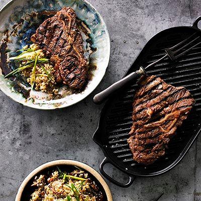 Soy and ginger y-bone with a brown rice, shitake and sesame salad