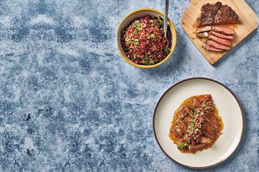 Miso-glazed Australian ribeye steak with pomegranate and walnut salsa