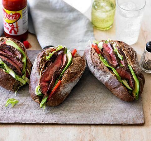 Char-grilled beef rump po' boy rolls with chilli sauce