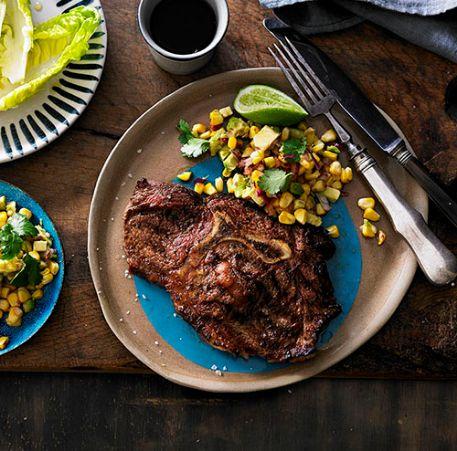 Cajun spiced y-bone with a grilled corn and avocado salsa